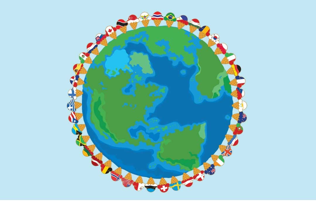 Une Terre illustrée entourée de cônes avec des drapeaux internationaux au lieu de crème glacée